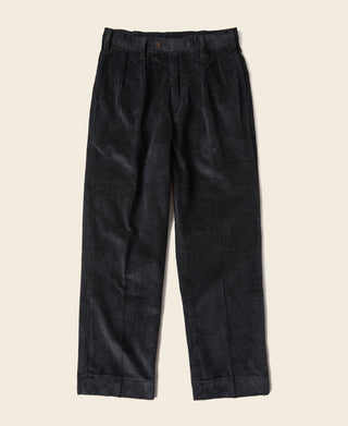 Black corduroy trousers, relaxed front with button closure