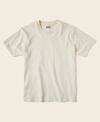 Off-white cotton crew-neck T-shirt with short sleeves, flat lay