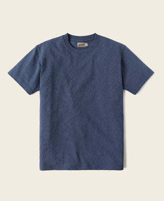 Denim blue cotton crew-neck T-shirt, short sleeves, straight hem