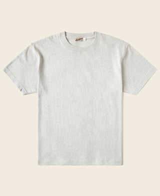 Oatmeal crewneck cotton tubular T-shirt, short sleeves, front view.