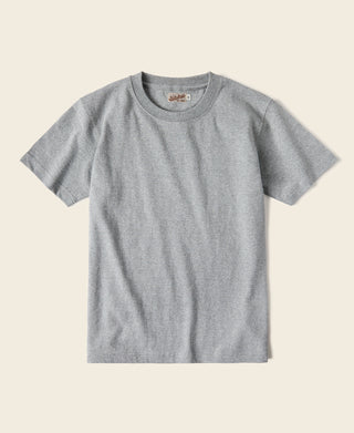 Gray cotton tubular T-shirt flat lay with crew neck and short sleeves.