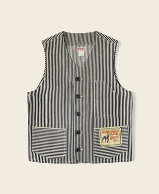 Men's pinstripe vest with button front, chest pocket, and striped pattern