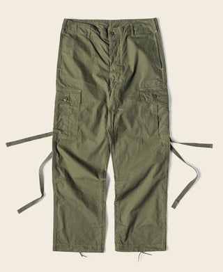 Olive cargo fatigue pants with drawstring cuffs and multiple utility pockets