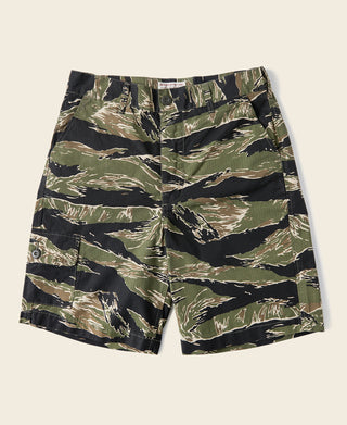 Tiger-camo cargo shorts with belt loops, flat front, and side pockets