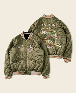 Reversible souvenir jacket in olive with Alaska logo, quilted finish, ribbed zip front.