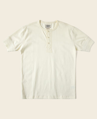 Cream vintage short sleeve henley T-shirt with button placket and ribbed collar