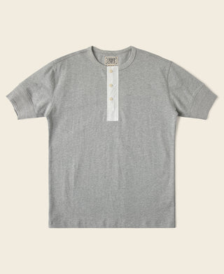 Gray short-sleeve henley T-shirt with 3-button placket, crew neck, vintage style