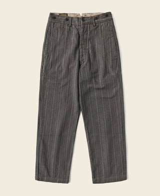 Dark gray pinstripe pants with pleated front and button closure