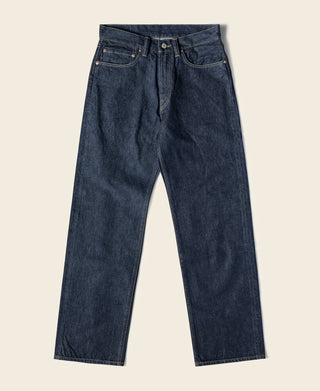 Indigo selvedge denim jeans with button fly and classic five-pocket design