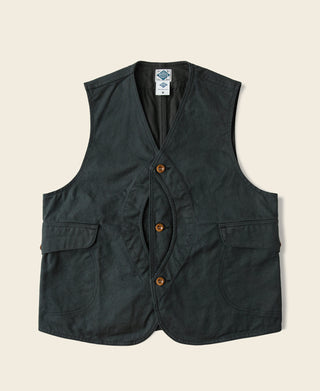 Dark green canvas game pockets vest with V-neck and three button front closure