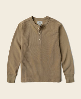 Khaki long-sleeve henley shirt with button placket and ribbed cuffs