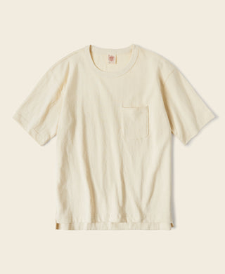 Apricot cotton pocket t-shirt, flat lay, front pocket and crewneck