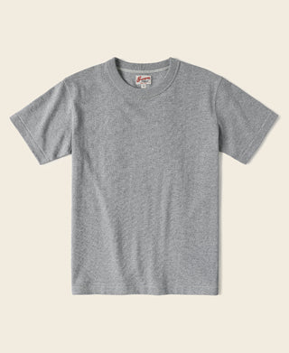 Gray crew-neck athletic t-shirt front view with small logo patch at neckline
