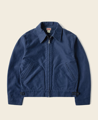 Men's blue moleskin Cossack jacket with front zip and pointed collar