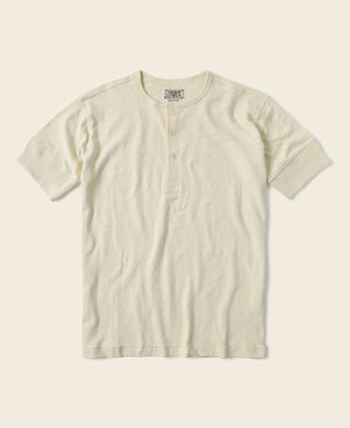 Cream white slub cotton henley T-shirt, short sleeves and button-front placket