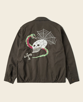 Dark gray-green jacket back with large embroidered skull, spiderweb, and snake