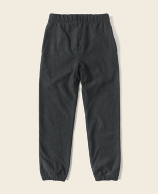 Black terry sweatpants, front view, elastic waistband and ankle cuffs