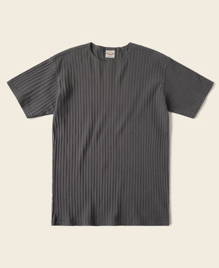 Dark gray ribbed knit T-shirt with crew neck and short sleeves