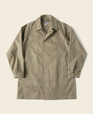 Khaki all-weather trench coat with button front and notched lapels