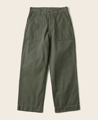 Olive utility fatigue pants with elastic waistband and two front flap pockets