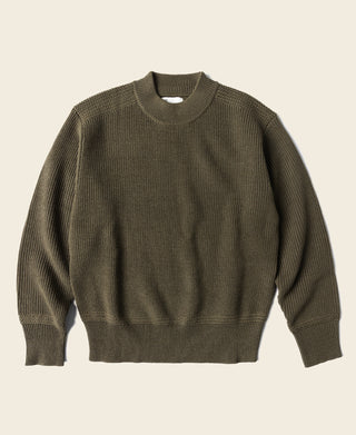 Olive crewneck wool sweater with ribbed cuffs and hem, long sleeves.
