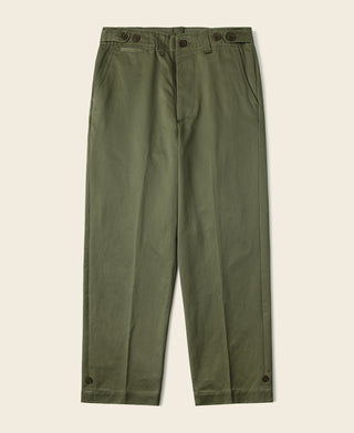 Olive field trousers with button fly and belt loops, straight leg silhouette.