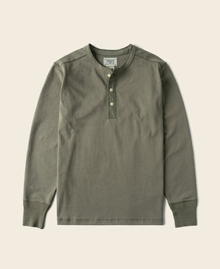 Light olive long-sleeve henley shirt with three-button placket and crew neck