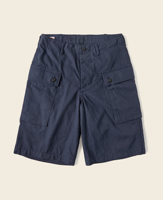 Navy utility shorts with cargo pockets and buttoned flap, dark hardware