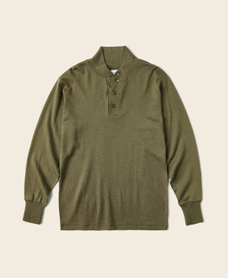 Olive wool henley shirt with long sleeves and three-button placket