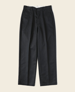 Black straight-leg work pants with pleated front and belt loops