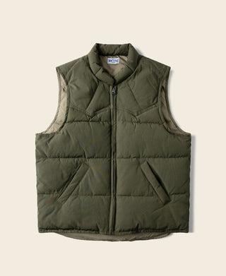Olive quilted padded vest with zip-front and stand-up collar