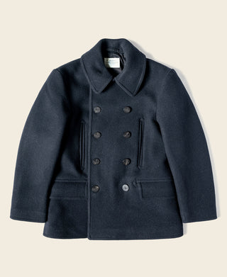 Navy double-breasted peacoat with wide lapels and six front buttons