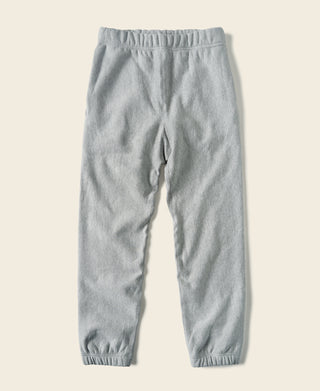 Light gray jogger sweatpants with elastic waistband and tapered legs