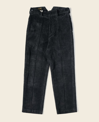 Black corduroy work pants with belt loops and button waist closure.