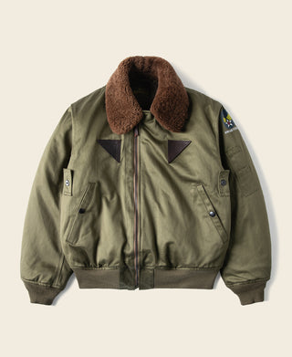 Olive flight jacket with brown shearling collar and front zipper closure