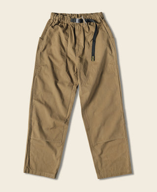 Khaki cotton canvas climbing pants with elastic waist and tapered leg cuffs