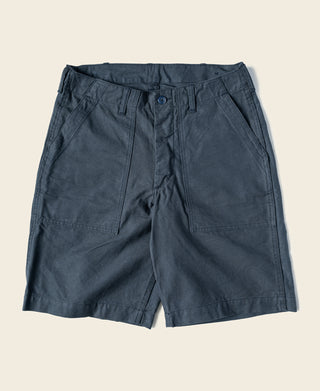 Navy fatigue utility shorts with waistband button closure and front pleat creases