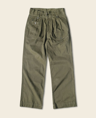 Olive bermuda pants flat lay, button waistband, pleated front, and side pockets