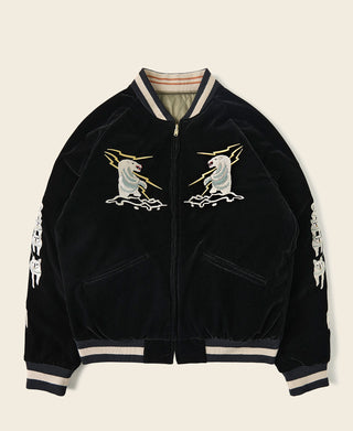 Black reversible souvenir jacket with eagle graphics, ribbed collar, zip front.