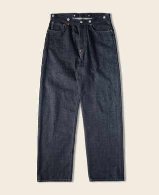 Indigo selvedge denim jeans with button fly and dark wash