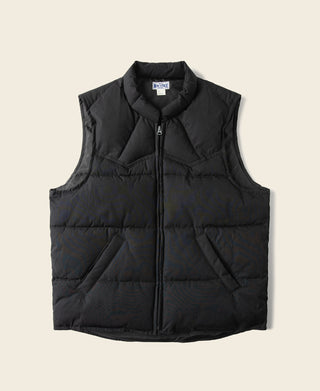 Black quilted padded vest with front zipper and stand collar.