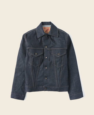 Indigo denim jacket flat lay, button front, stand collar, and flap chest pockets