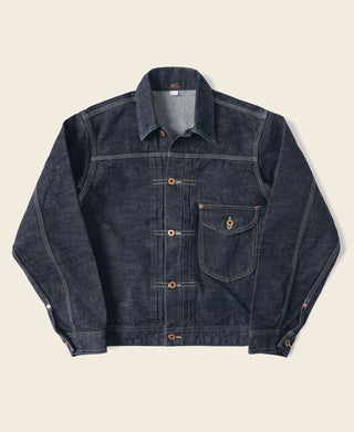Selvedge denim cowboy jacket in indigo, button-front with chest pocket and flap pocket
