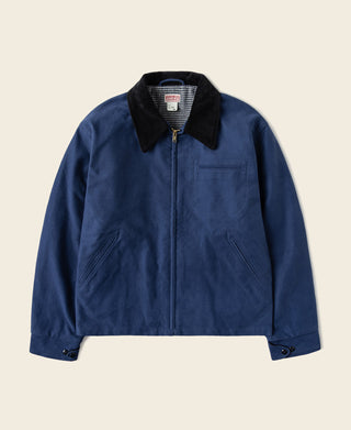 Blue moleskin Cossack jacket with black collar and front zip closure