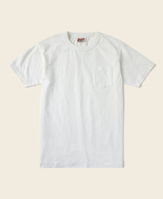 White slub cotton pocket T-shirt, crew neck, short sleeves