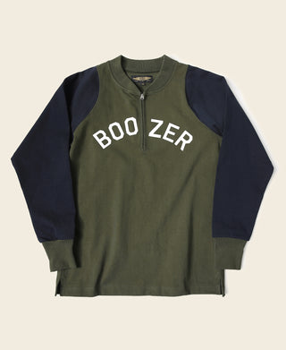 Olive quarter-zip long-sleeve t-shirt with Boo Zer graphic on the chest