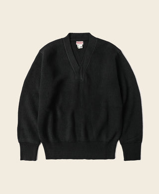 Black V-neck pullover mechanics sweater, ribbed knit texture, front view