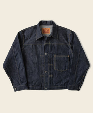 Indigo denim jacket with button front and chest pockets