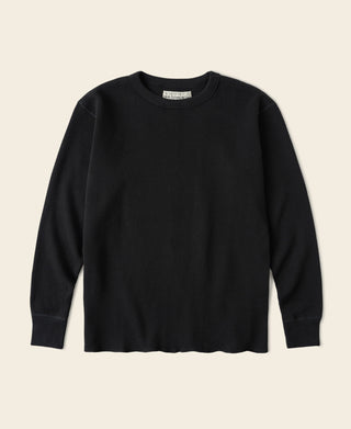 Black heavyweight thermal waffle knit long-sleeve shirt, crew neck, ribbed cuffs