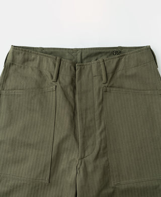 Olive utility fatigue trousers with button waist and front slash pockets